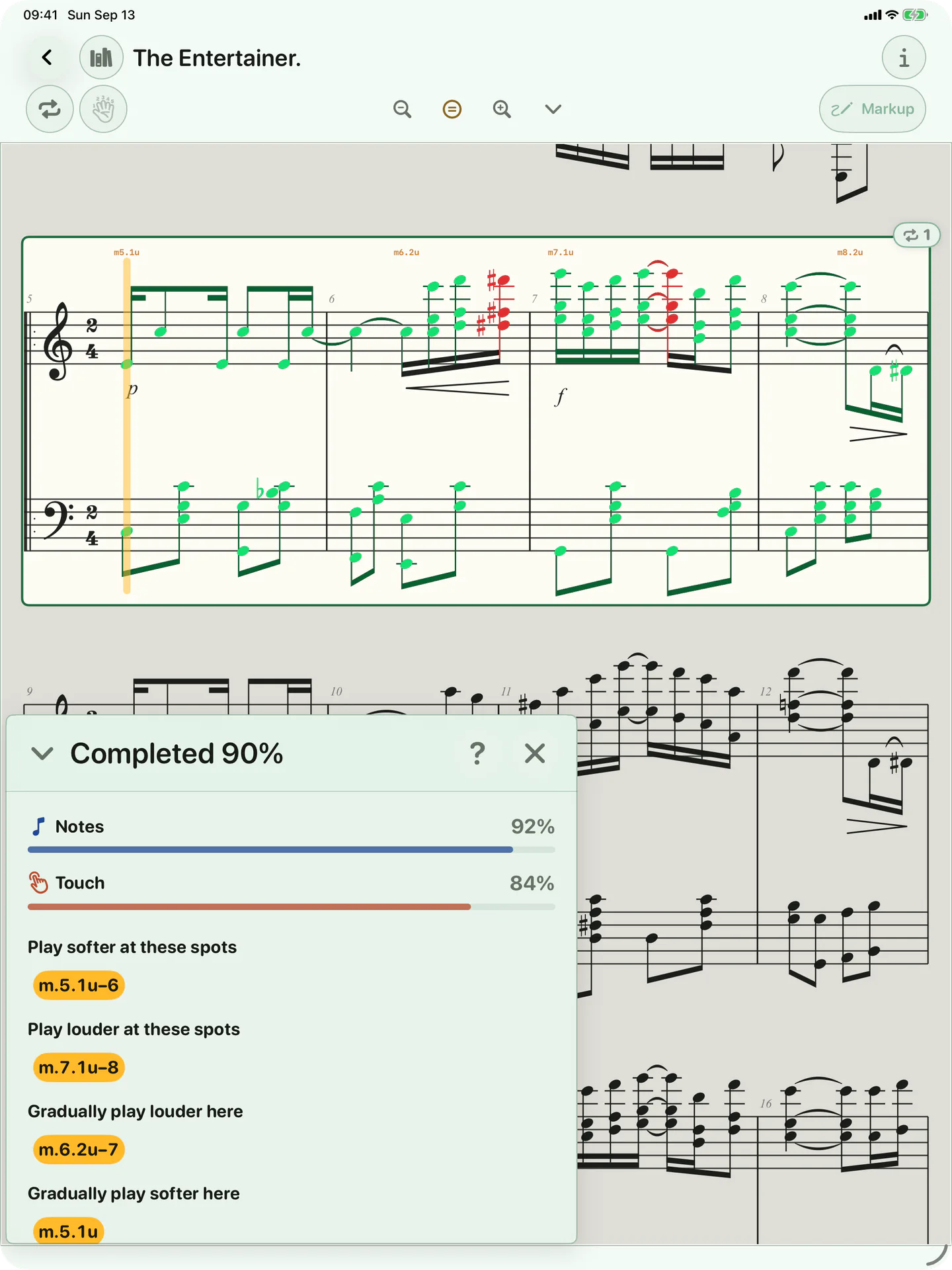 BetterMuse completion feedback on iPad, with notes and touch results beside the score