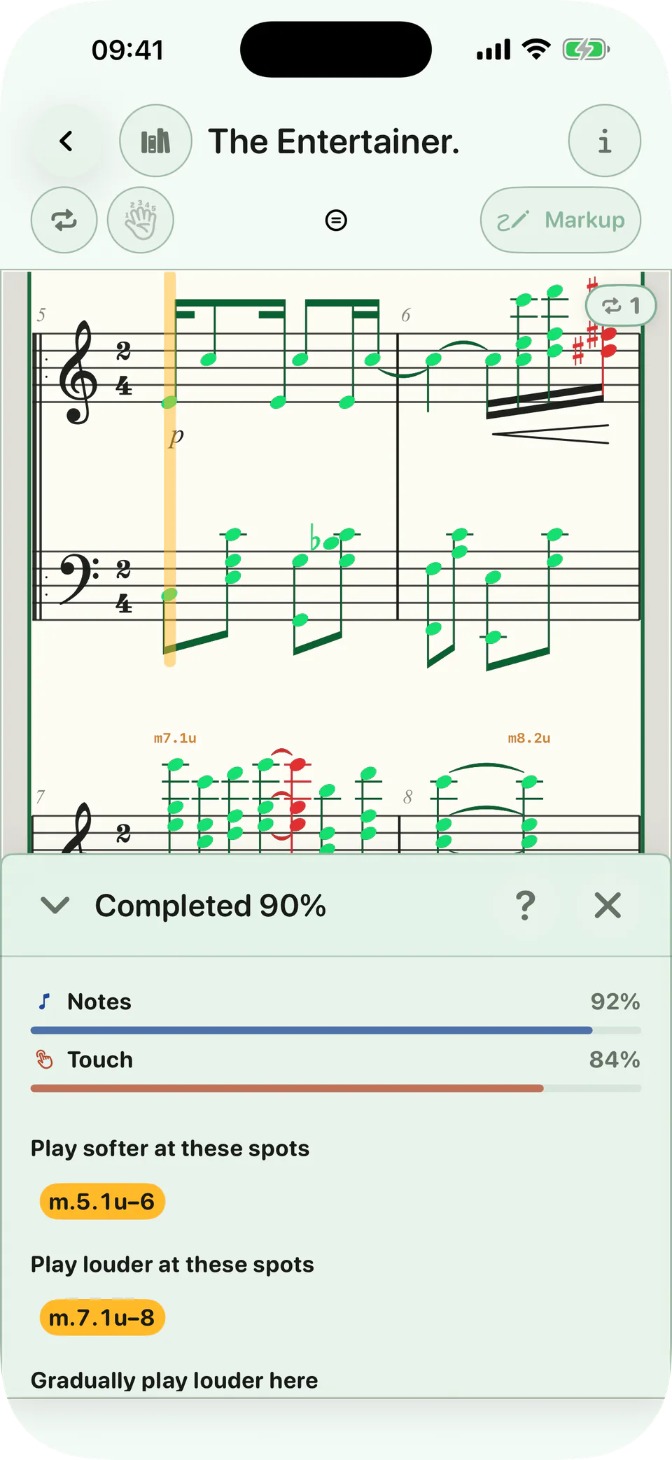 A real BetterMuse completion report with note and touch feedback linked to specific measures