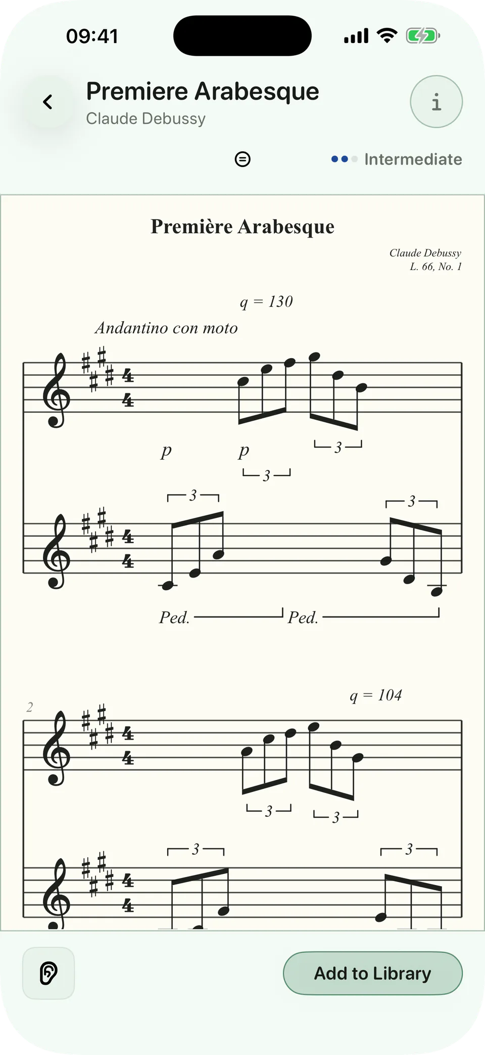 A real score in BetterMuse, with Listen and Add to Library controls